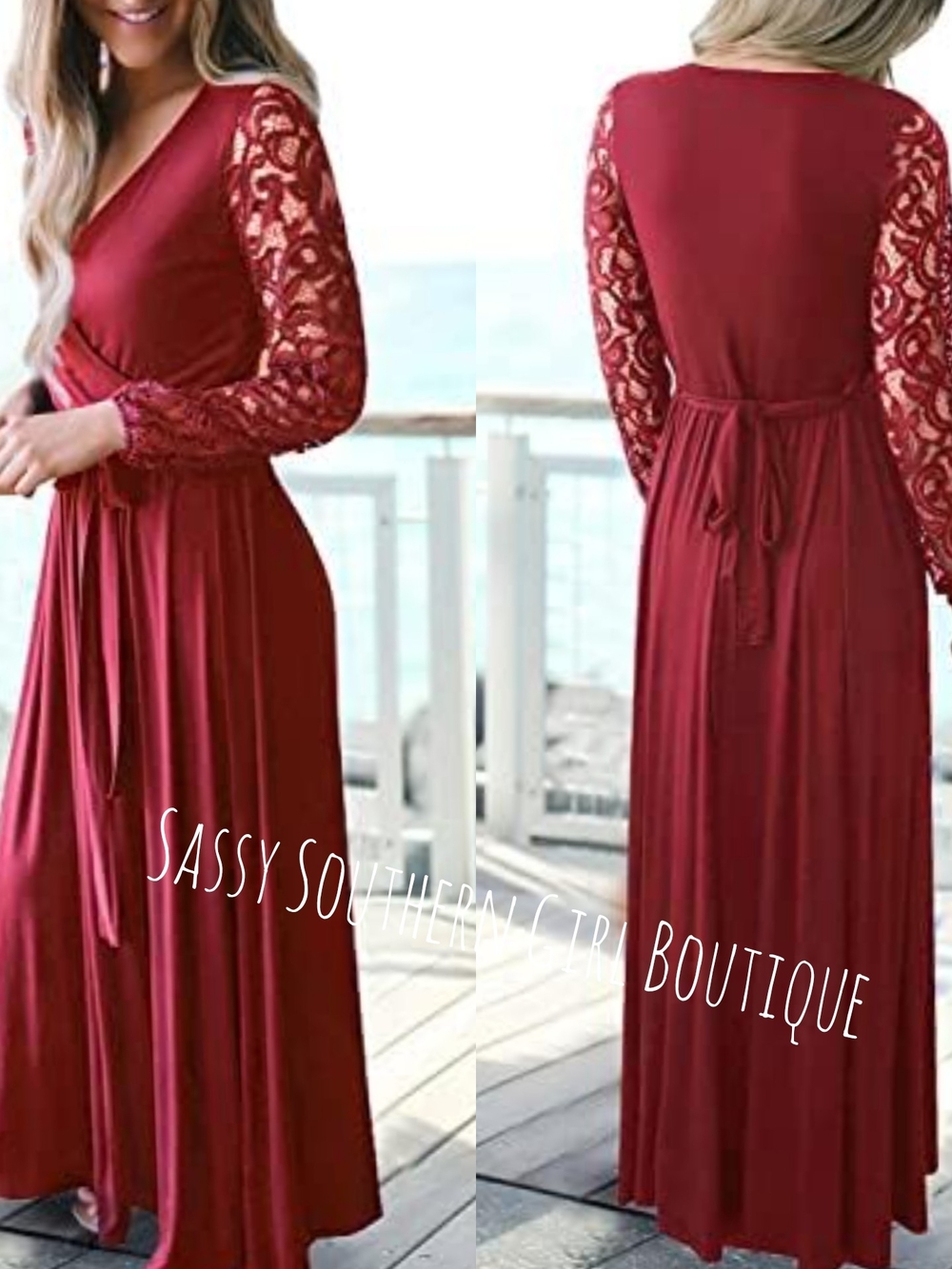 Sassy Southern Boutique Burgundy Lace-Sleeve Maxi Dress